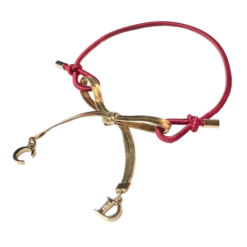 VTG AUTH Christian Dior Red Elastic Gold Chain CD Logo Bow Charm Bracelet - Picture 9 of 12